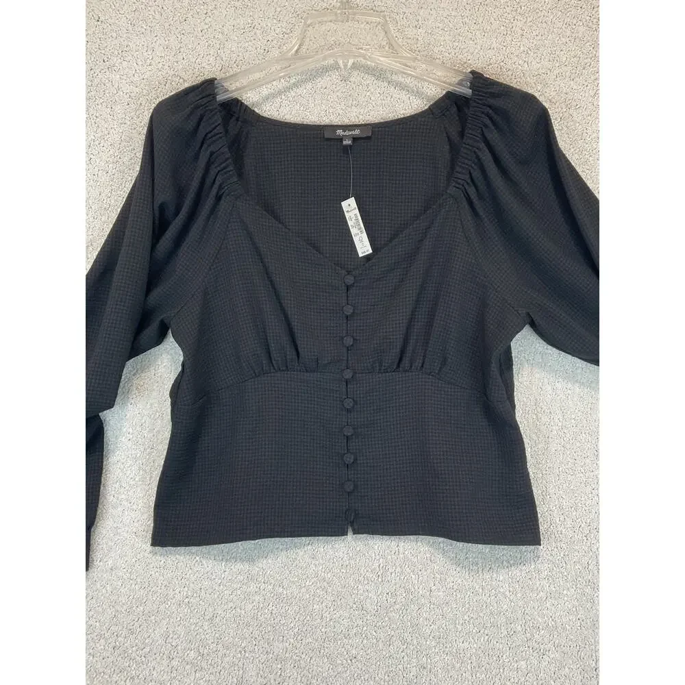 Madewell Gingham Sweetheart Button-Front Blouse Womens L Large Black NWT New